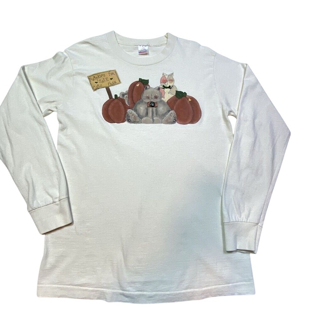 Vintage Autumn Fall Kitty Cat Button Pumpkin Long Sleeve T-Shirt Medium
